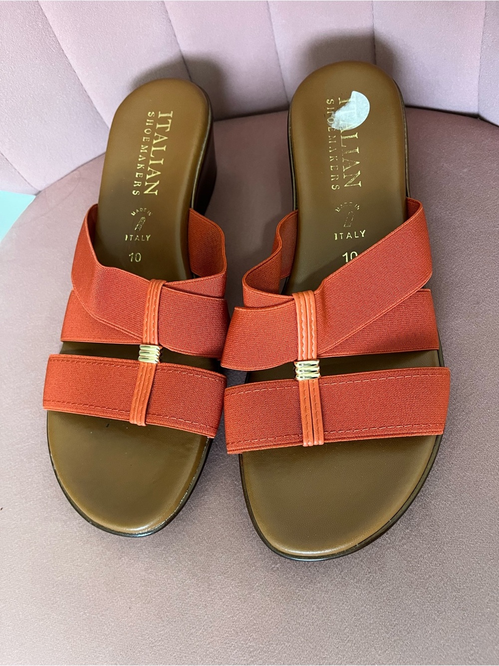 Italian Shoemakers Rust Orange Slide Mules with Gold Accent